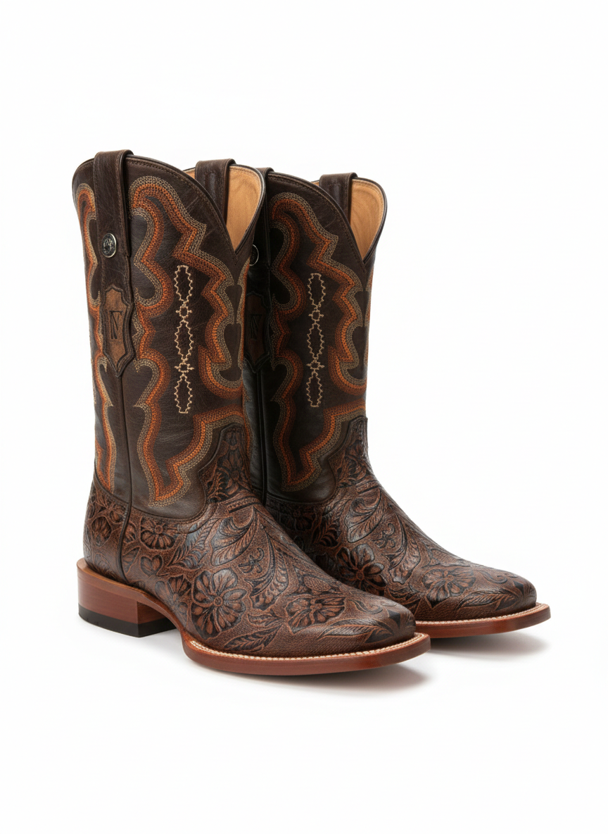 Men Wide Square Toe Brown Hand Tooled Print Boots