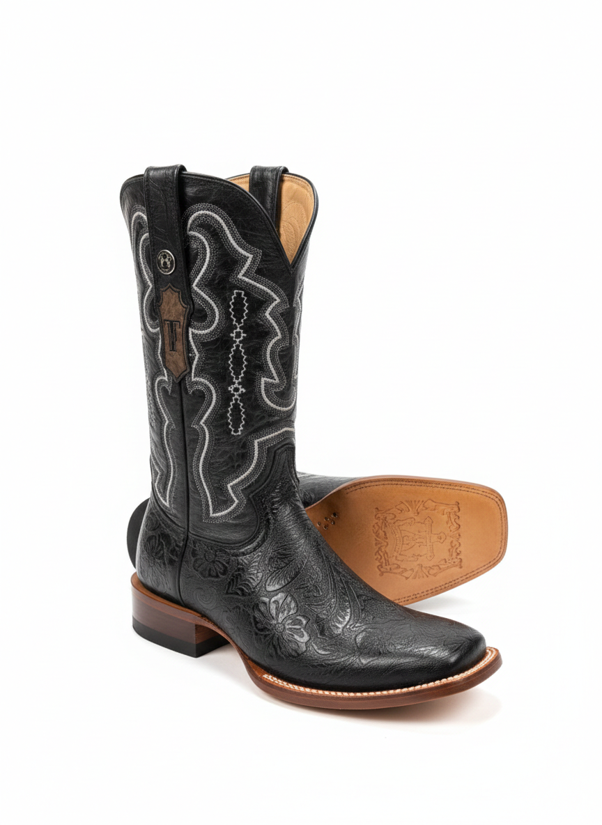 Botas negras para hombre con punta cuadrada ancha y estampado trabajado a mano
