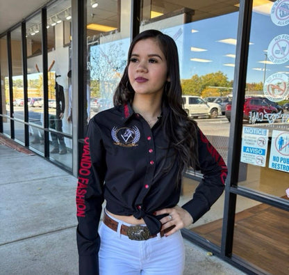 Camisa de mujer OV negra con rojo