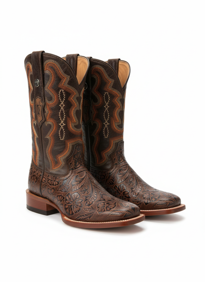 Men Wide Square Toe Brown Hand Tooled Print Boots