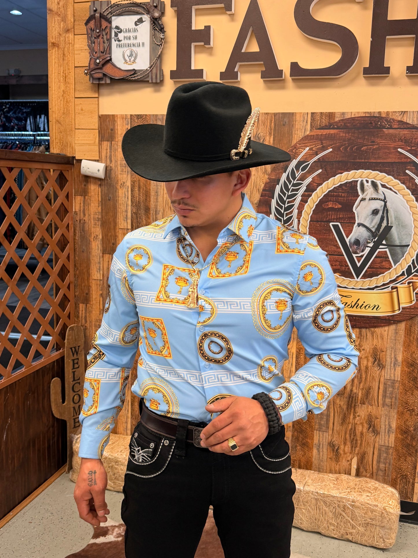 Men western shirt sky blue
