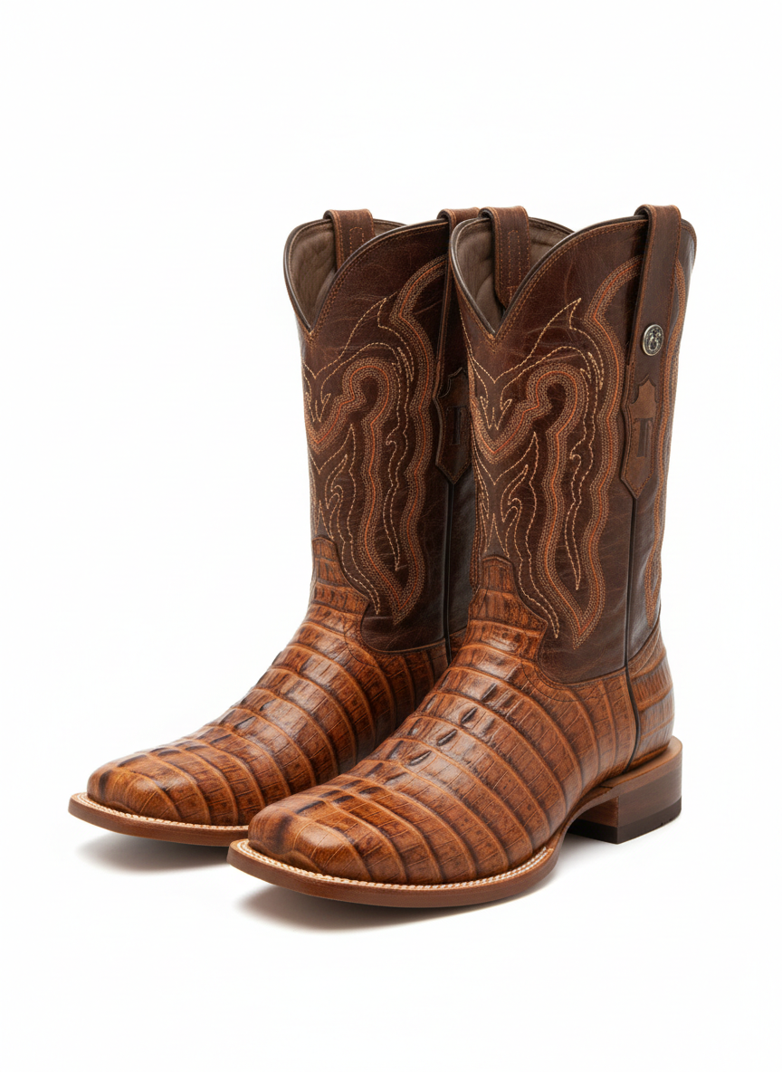 Men Wide Square Toe Cognac  Print Boots