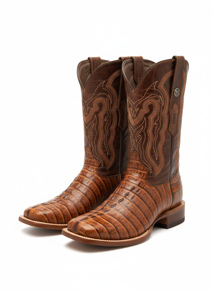 Men Wide Square Toe Cognac  Print Boots