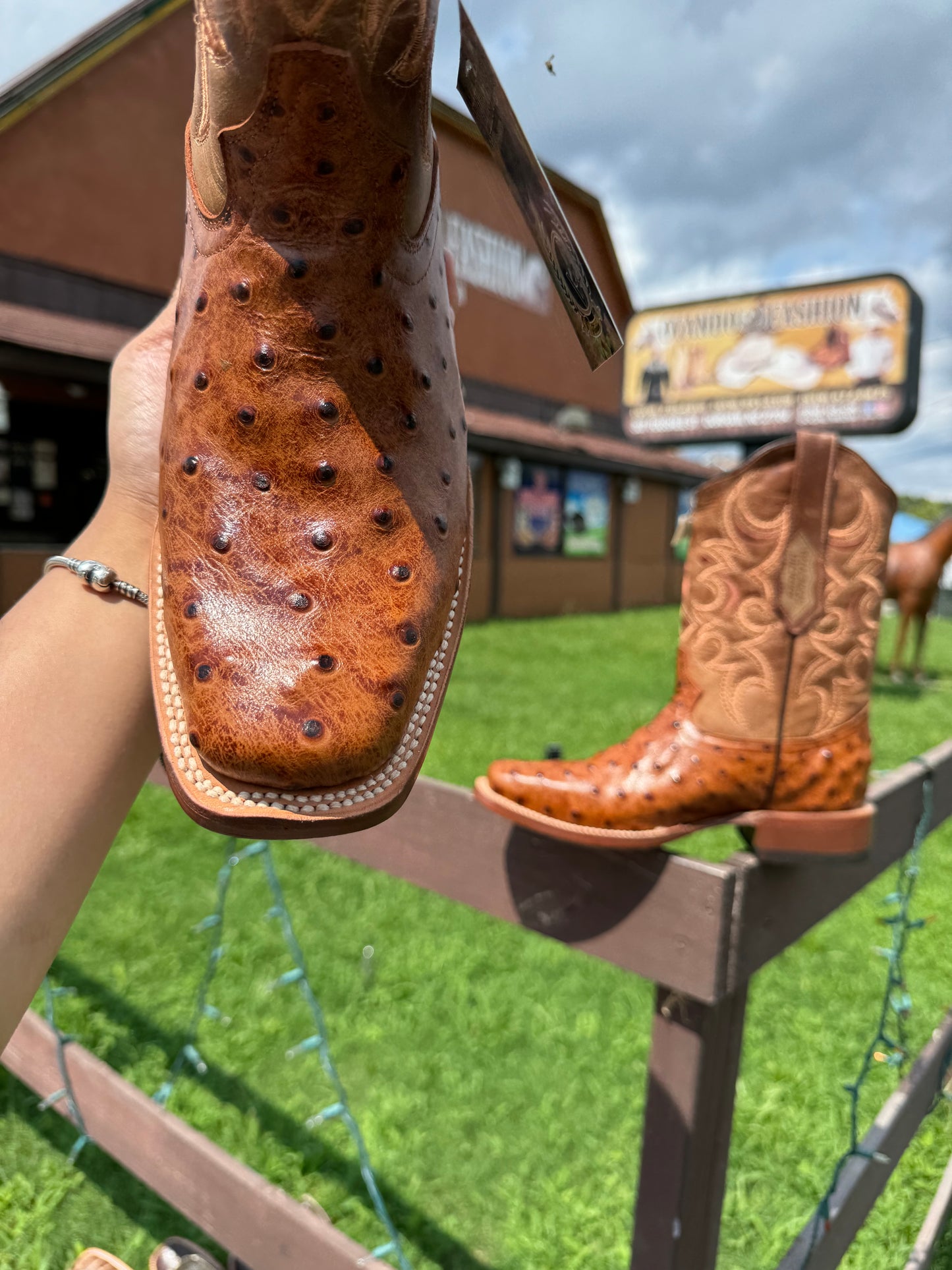 Men Square Toe Cognac Ostrich Print Boots