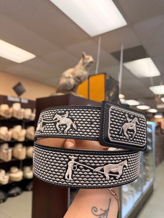 Men western belts piteado white and black