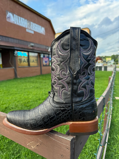 Men Black Caiman Belly Print Square Toe Boots