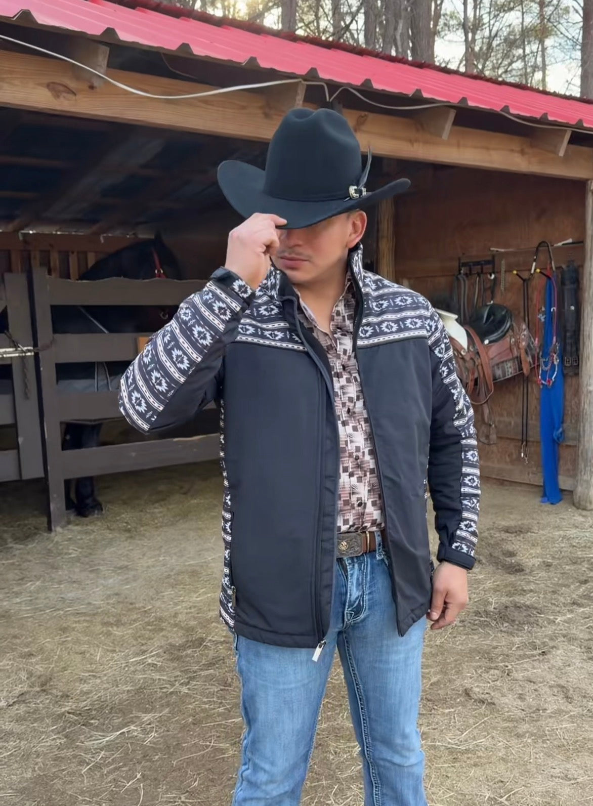 Chamarra para hombre Softshell retro con estampado azteca negro