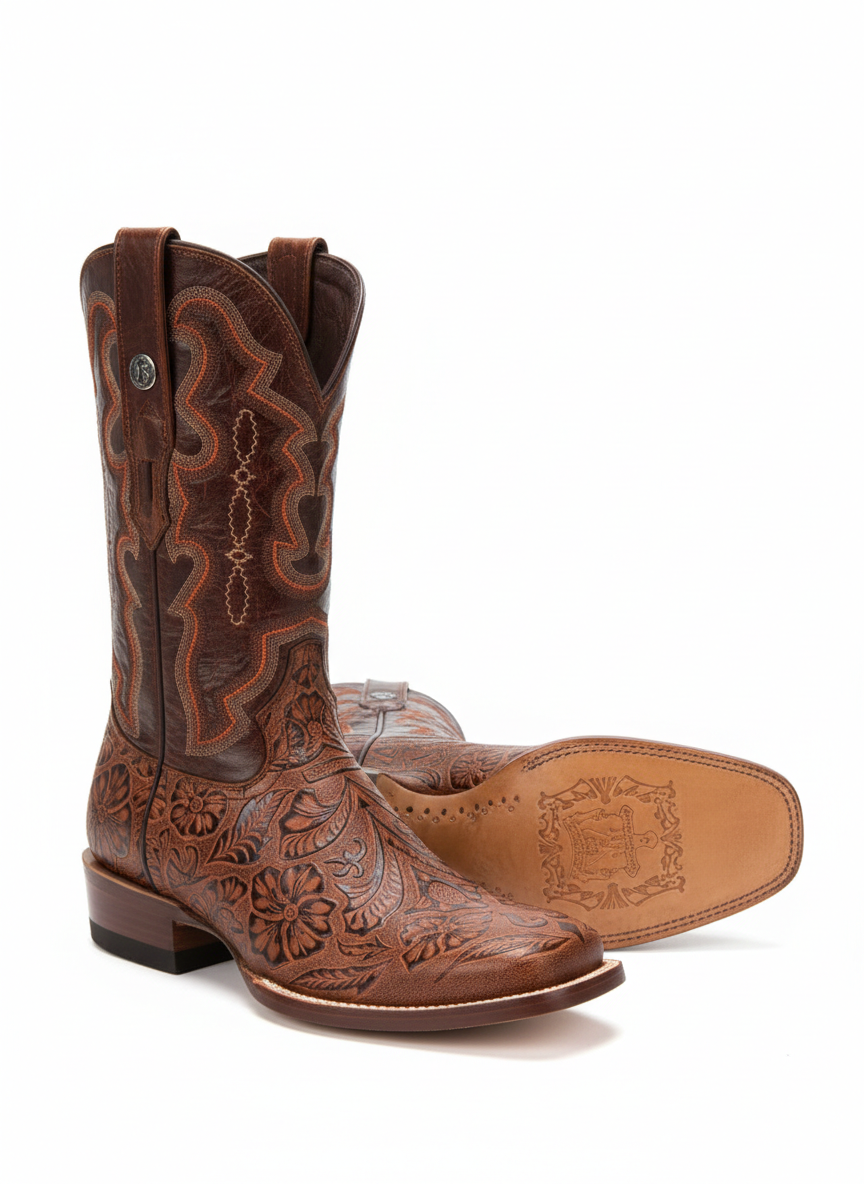 Men Wide Square Toe Cognac Hand Tooled Print Boots