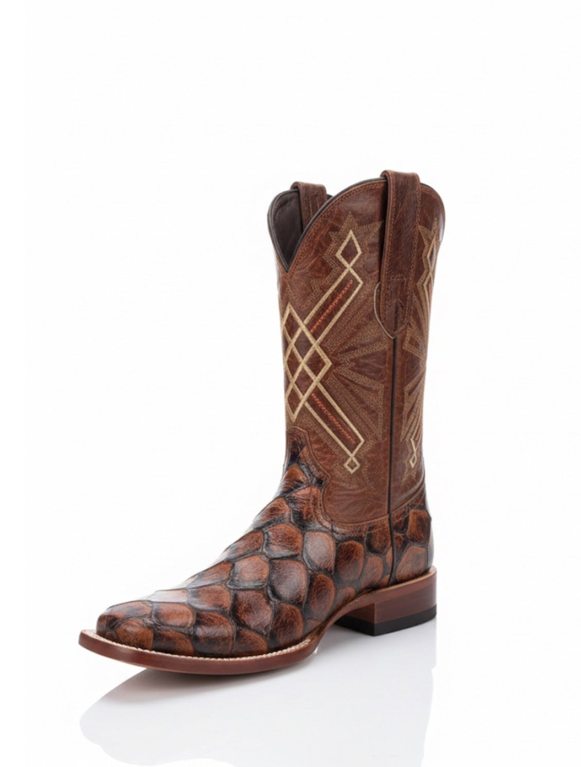 Botas para hombre de punta cuadrada ancha en color coñac con estampado