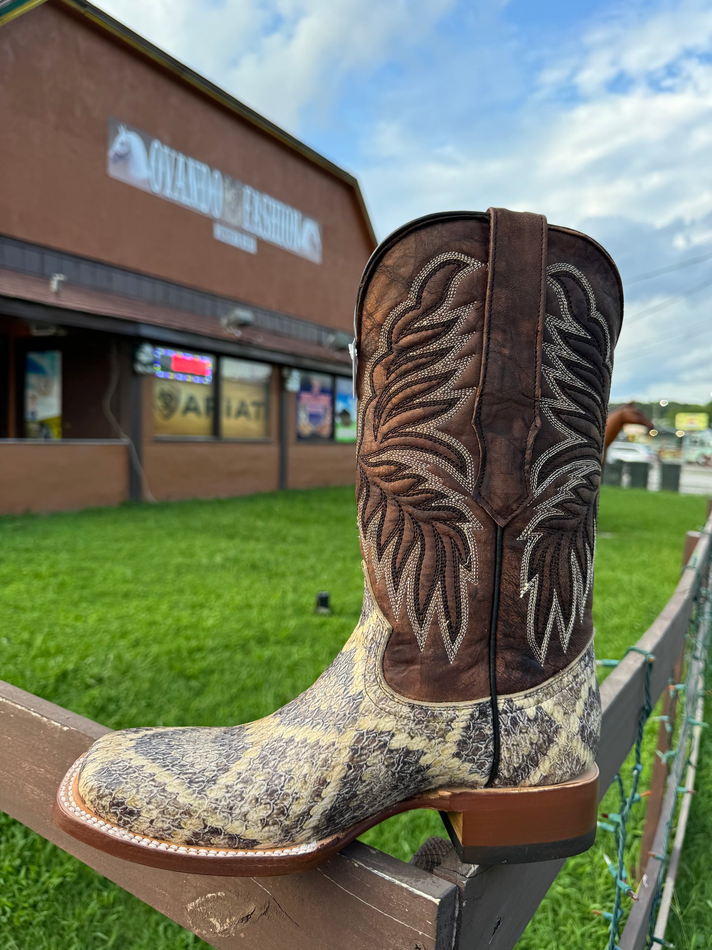 Men Natural Rattlesnake Print Square Toe Boots