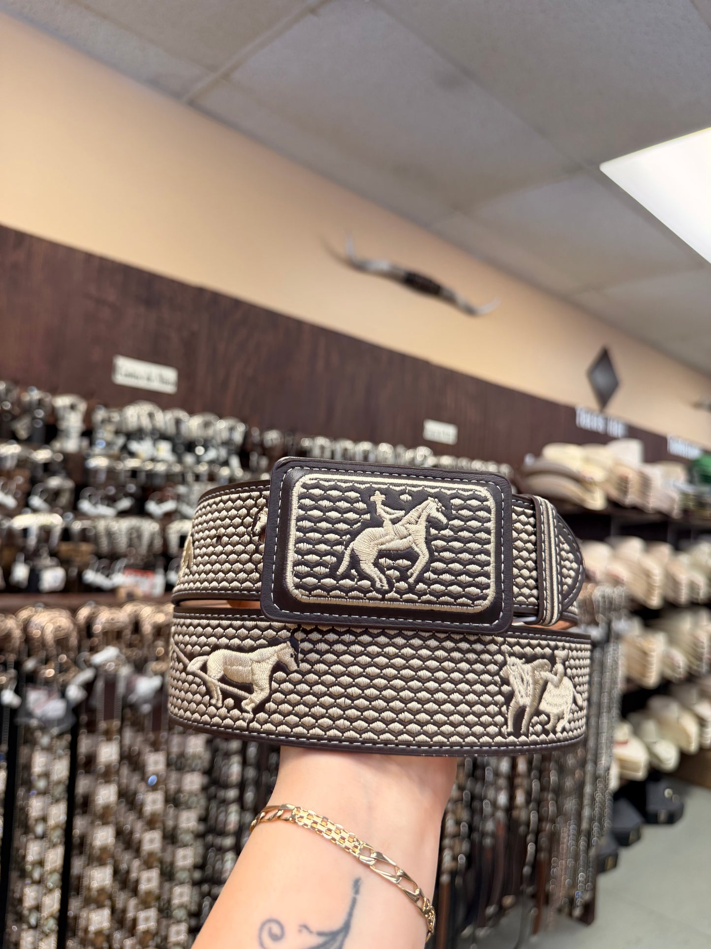 Men western belts piteado Brown and beige