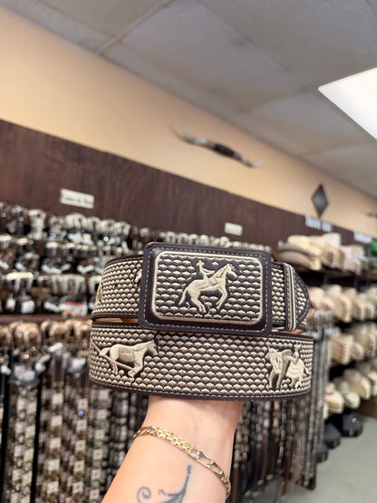 Men western belts piteado Brown and beige