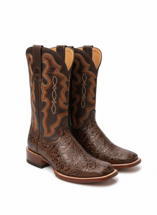 Botas para hombre de punta cuadrada ancha marrón con estampado hecho a mano