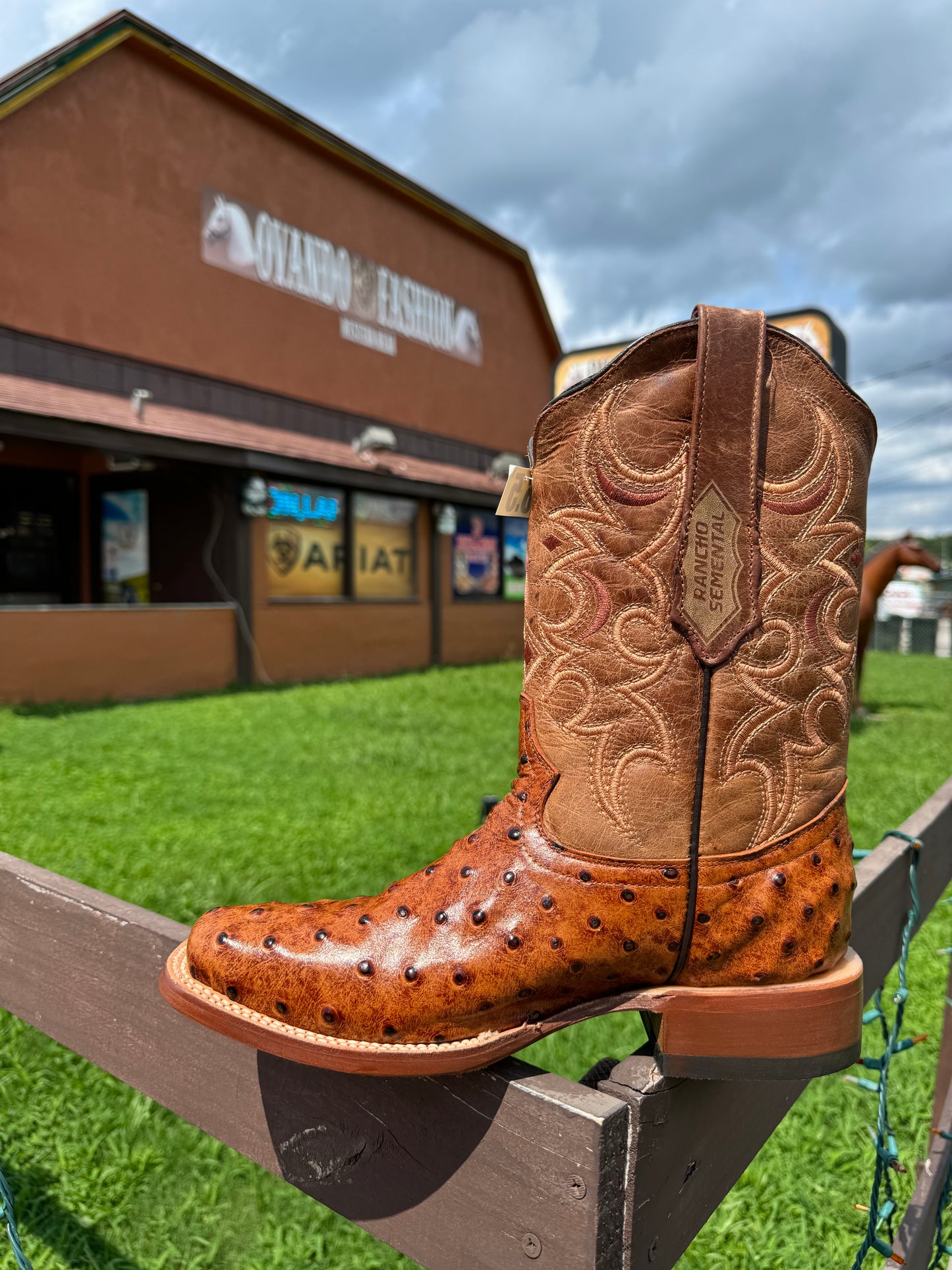 Men Square Toe Cognac Ostrich Print Boots