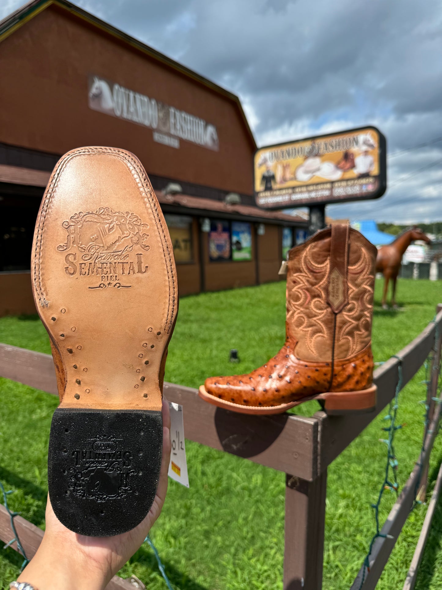 Men Square Toe Cognac Ostrich Print Boots