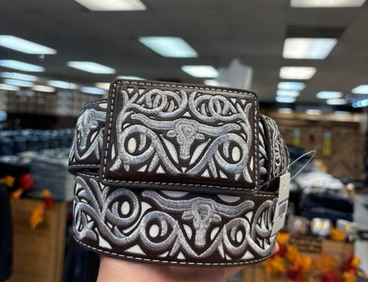 Men Western Belts Piteado - Embroidered Design  Brown