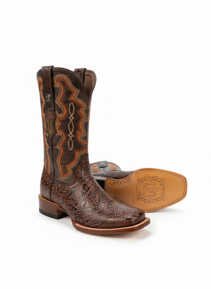 Men Wide Square Toe Brown Hand Tooled Print Boots