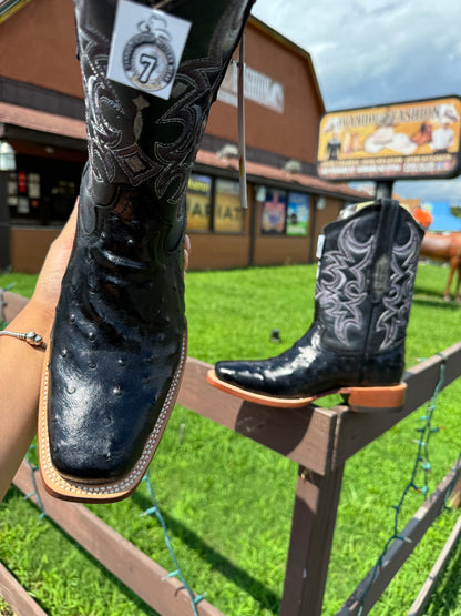 Men Black Ostrich Print Square Toe Boots