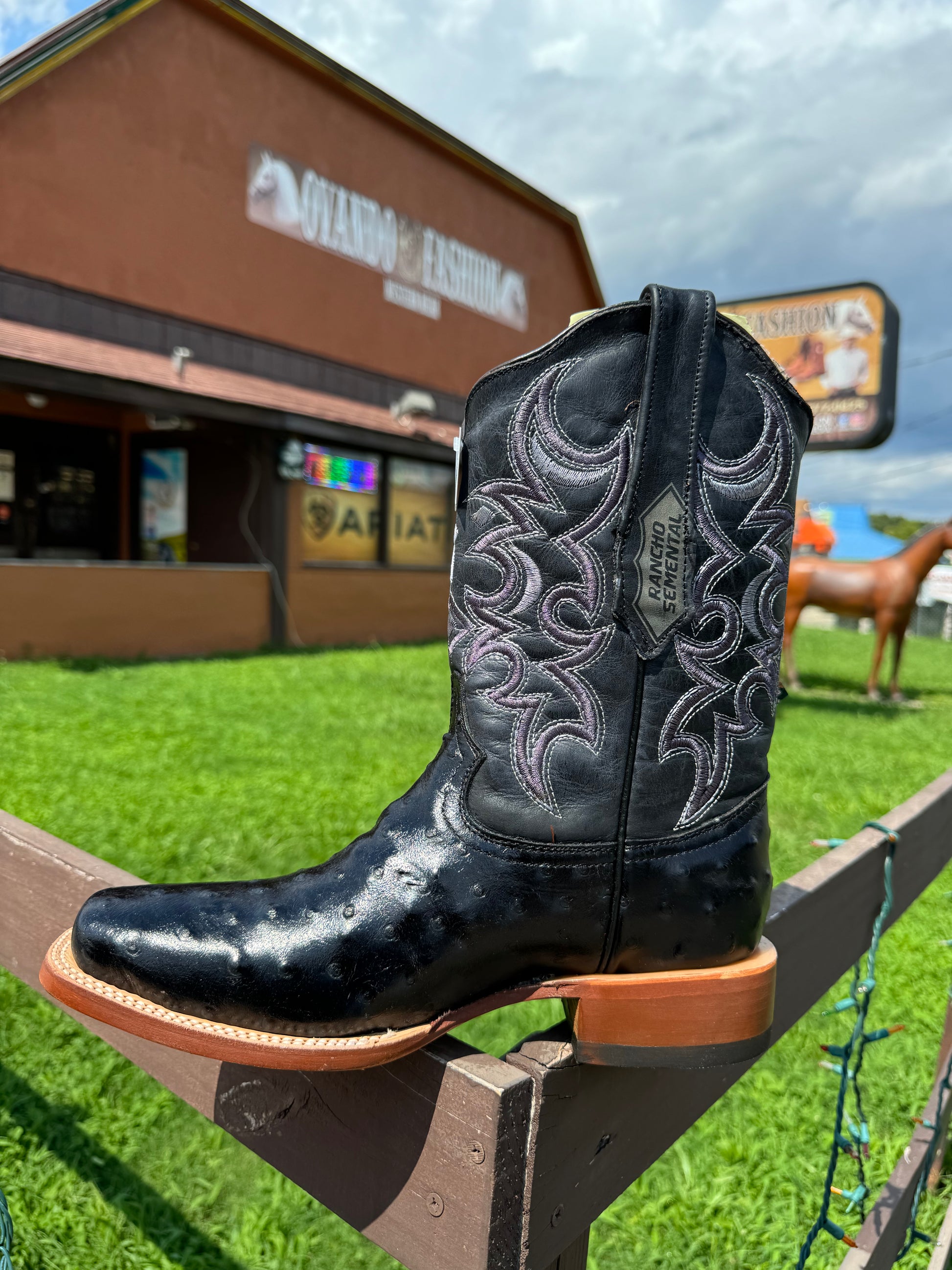 Men Black Ostrich Print Square Toe Boots - Main Image
