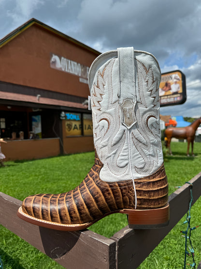 Men Wide Square Toe Orix With Brown Caimán Tail Print Boots