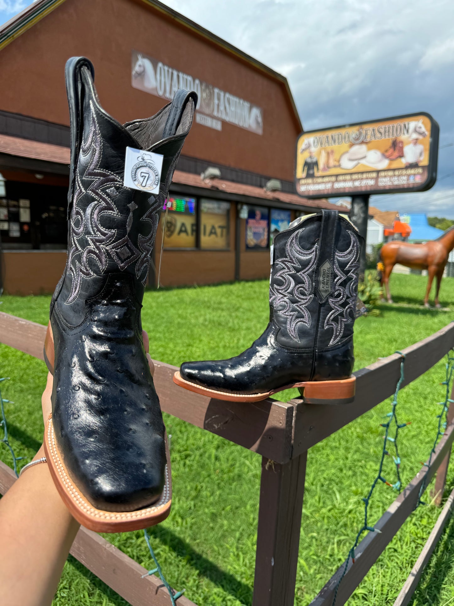 Men Black Ostrich Print Square Toe Boots