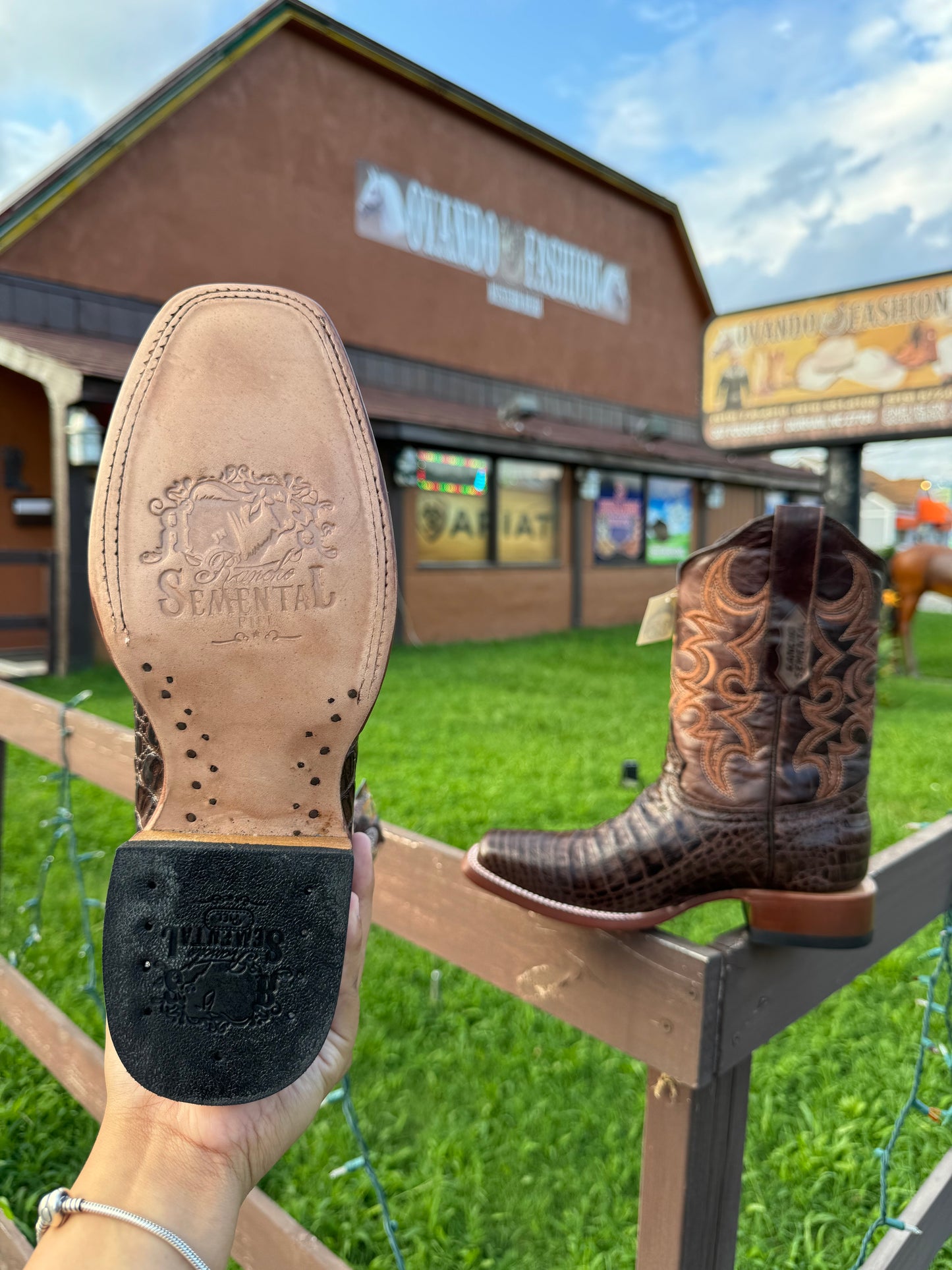 Men Brown Caiman Belly Print Square Toe Boots