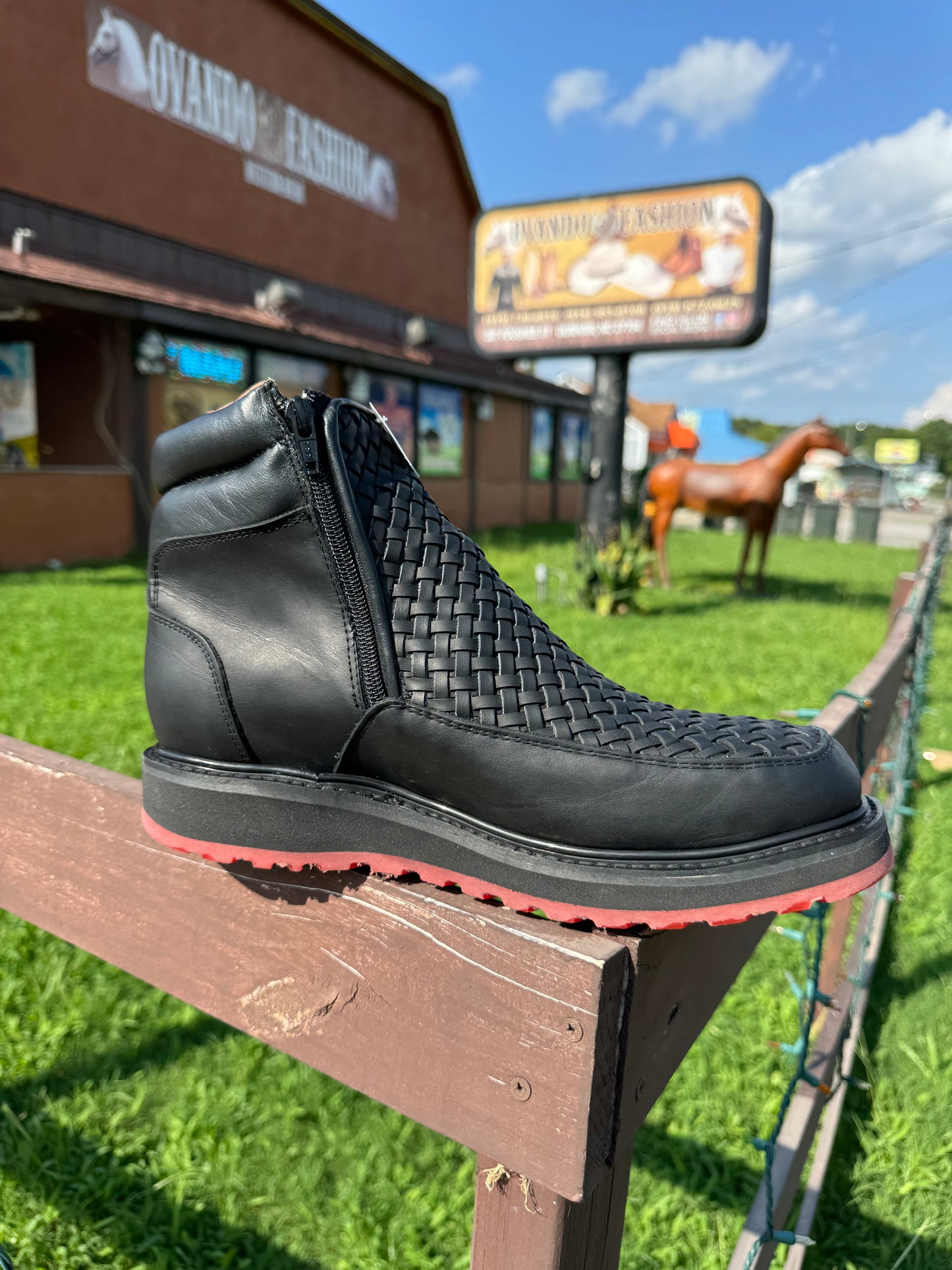 Botin Black Petatillo Square Toe With Red Rhino Sole