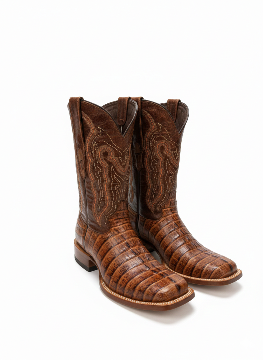 Men Wide Square Toe Cognac  Print Boots