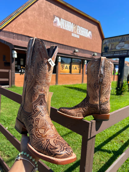 Botas con estampado de herradura marrón y punta cuadrada ancha para hombre