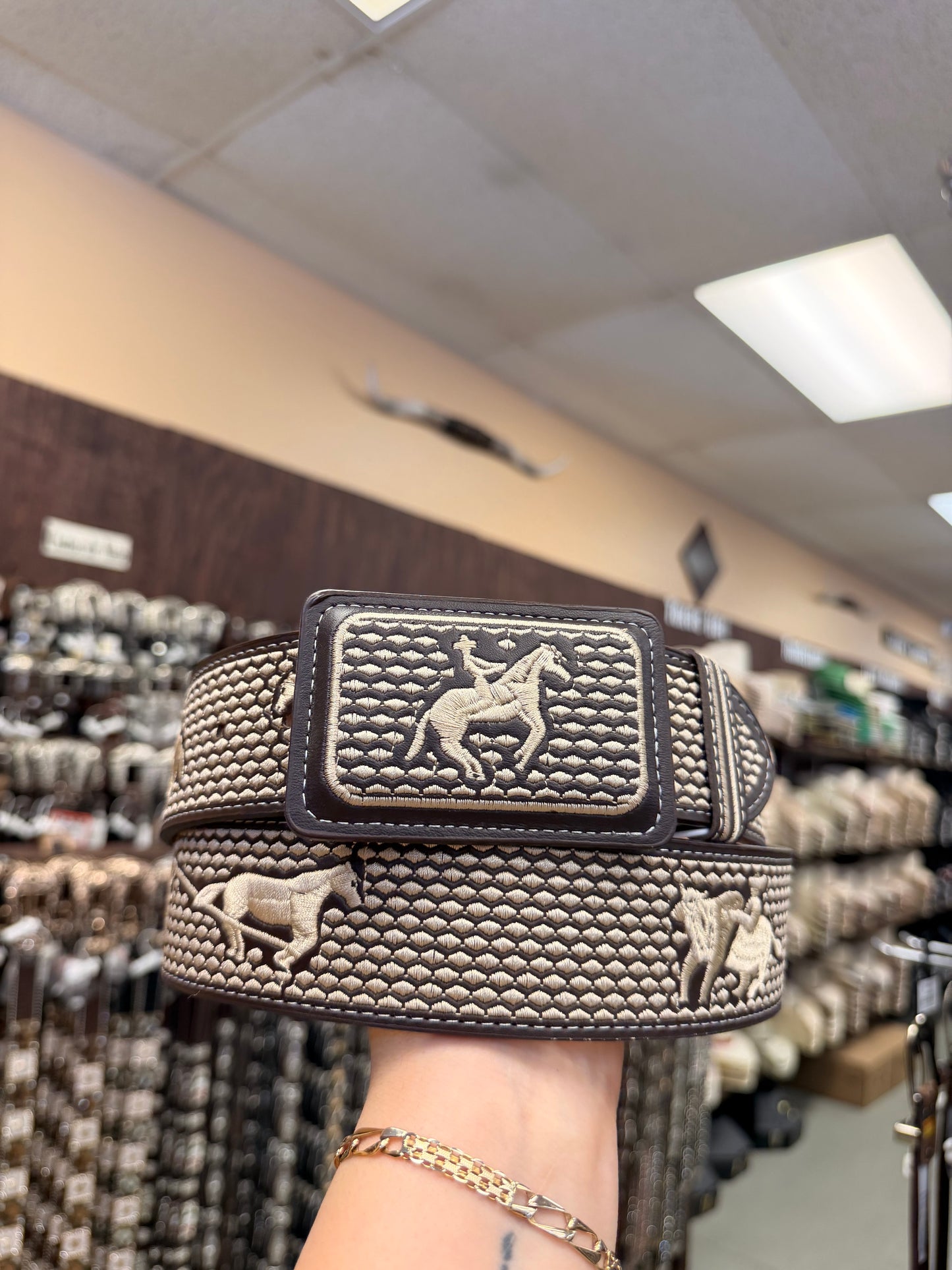 Men western belts piteado Brown and beige