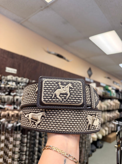 Men western belts piteado Brown and beige