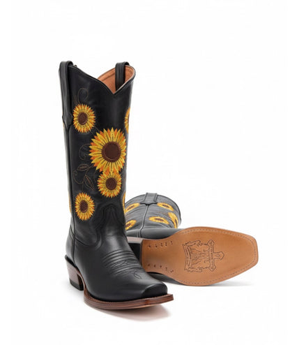 Women boots Galveston Vintage Black With Sunflower Embroidery