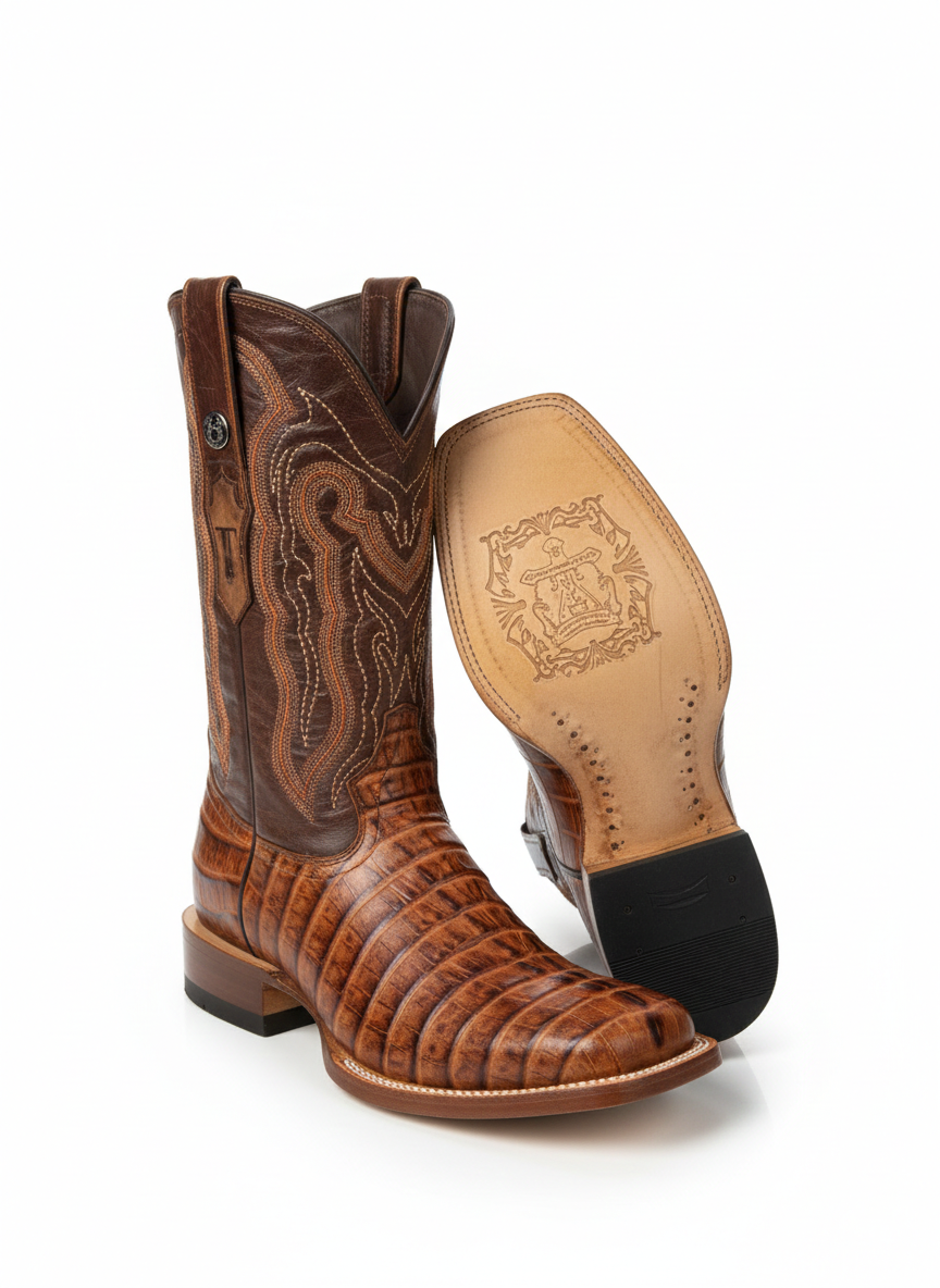 Men Wide Square Toe Cognac  Print Boots