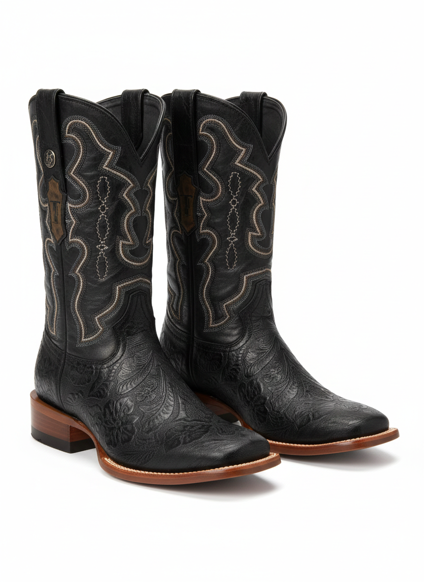 Botas negras para hombre con punta cuadrada ancha y estampado trabajado a mano