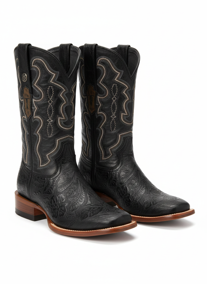 Botas negras para hombre con punta cuadrada ancha y estampado trabajado a mano