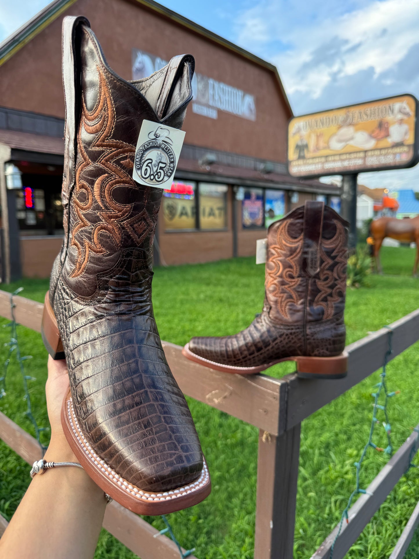 Men Brown Caiman Belly Print Square Toe Boots