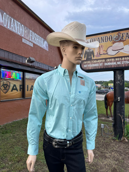 Ariat Team Logo Twill Fitted LS Light Aqua Shirt