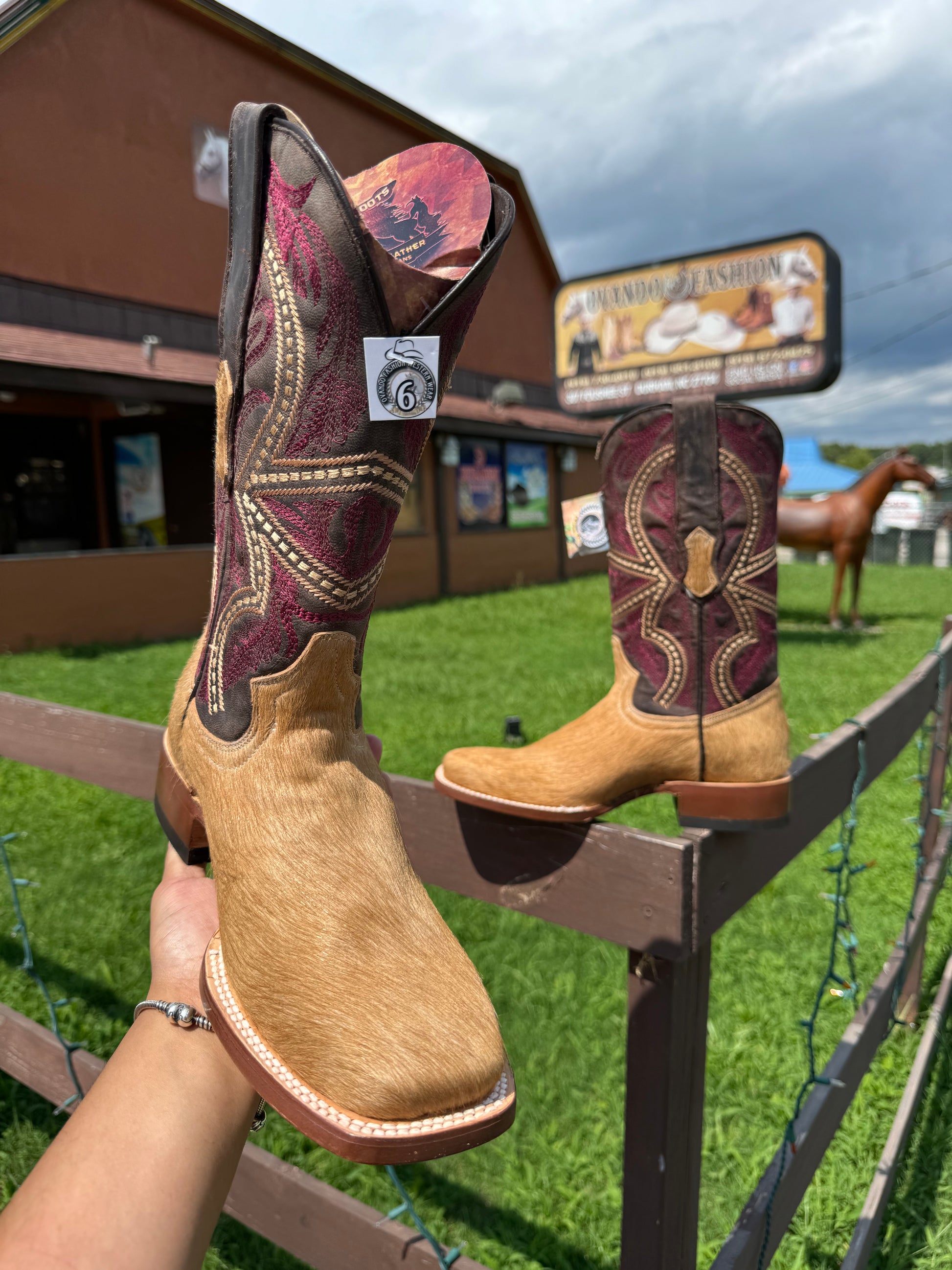 Men Champagne Cowhide Wide Square Toe Boots - Main Image