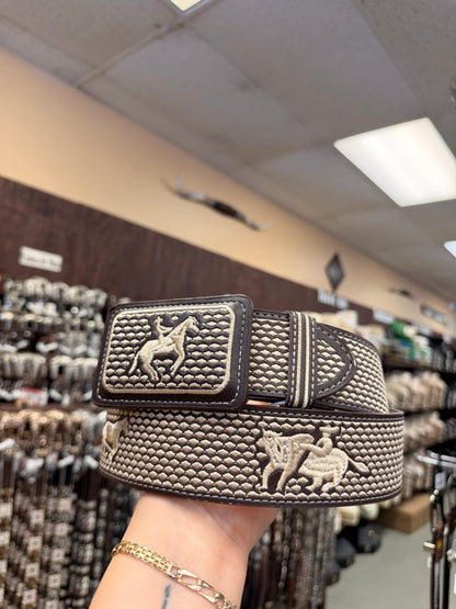 Men western belts piteado Brown and beige