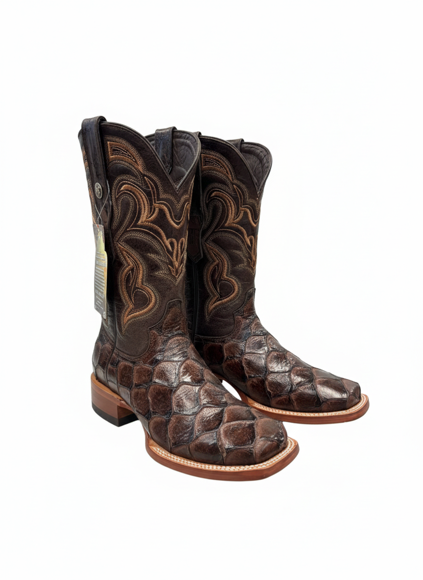 Botas marrones de estampado para hombre con punta cuadrada ancha