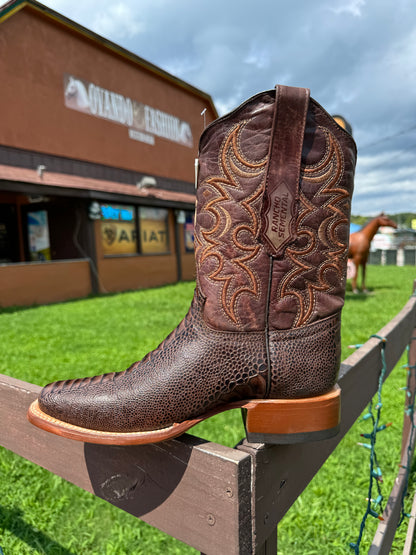 Men Brown Ostrich Leg Print Square Toe Boots