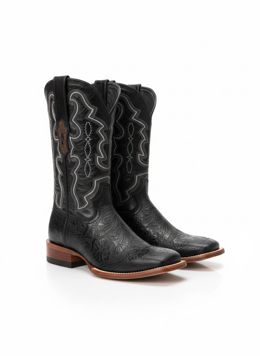 Men Wide Square Toe Black Hand Tooled Print Boots