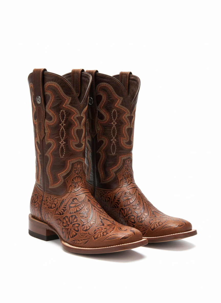 Men Wide Square Toe Cognac Hand Tooled Print Boots