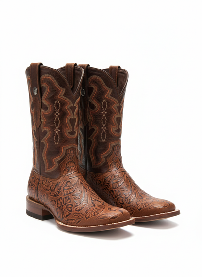 Men Wide Square Toe Cognac Hand Tooled Print Boots