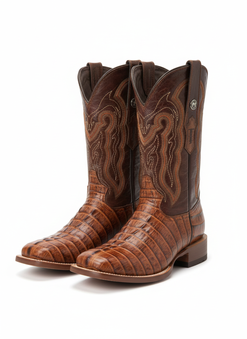 Men Wide Square Toe Cognac  Print Boots