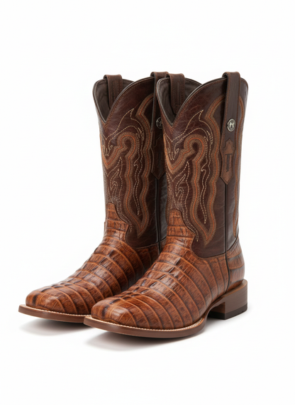 Men Wide Square Toe Cognac  Print Boots