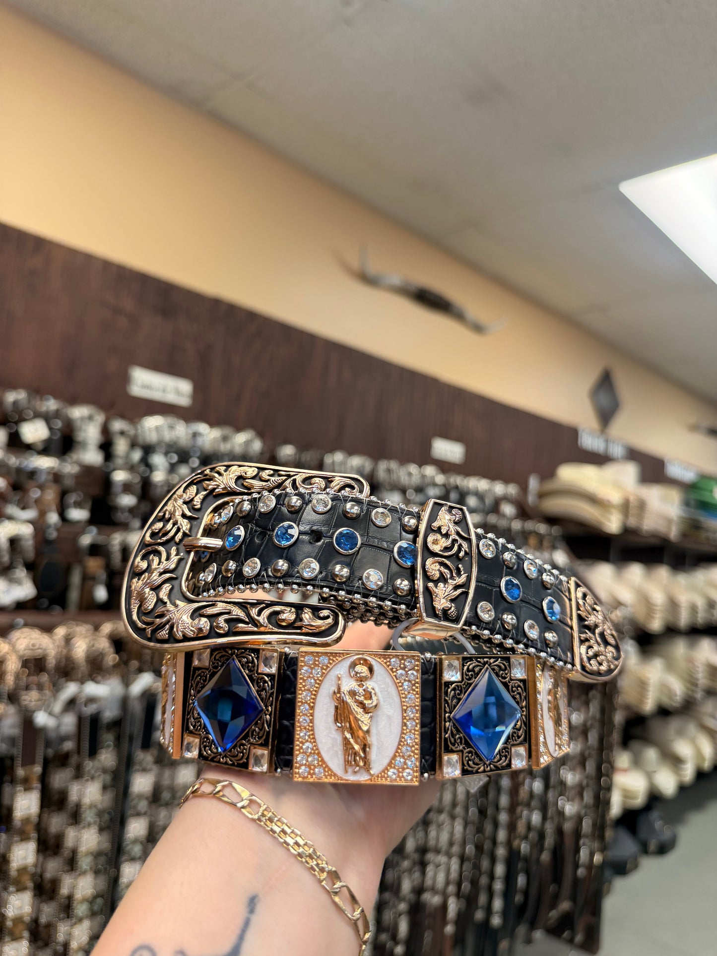Men western belts blue San Judas