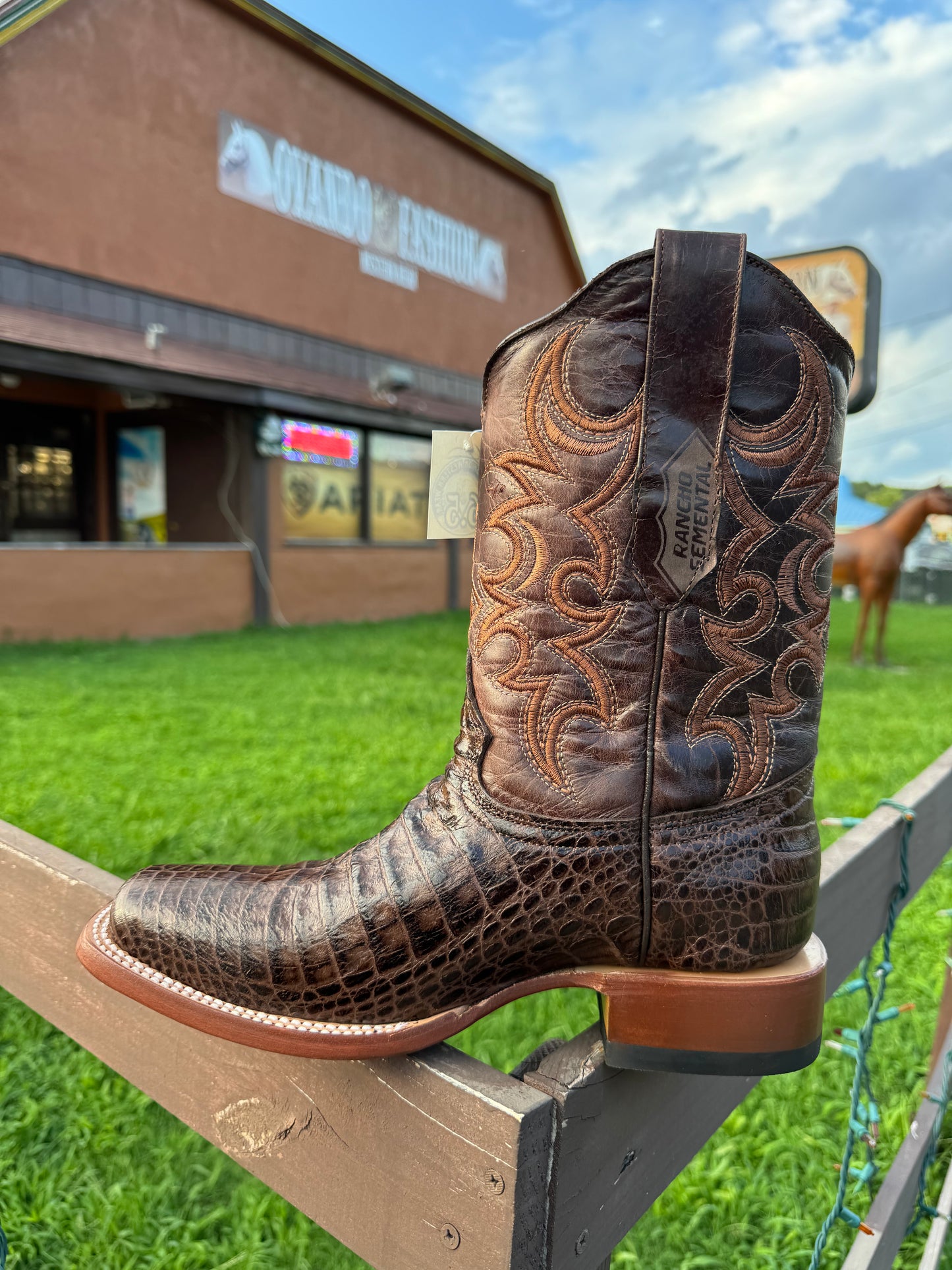 Men Brown Caiman Belly Print Square Toe Boots