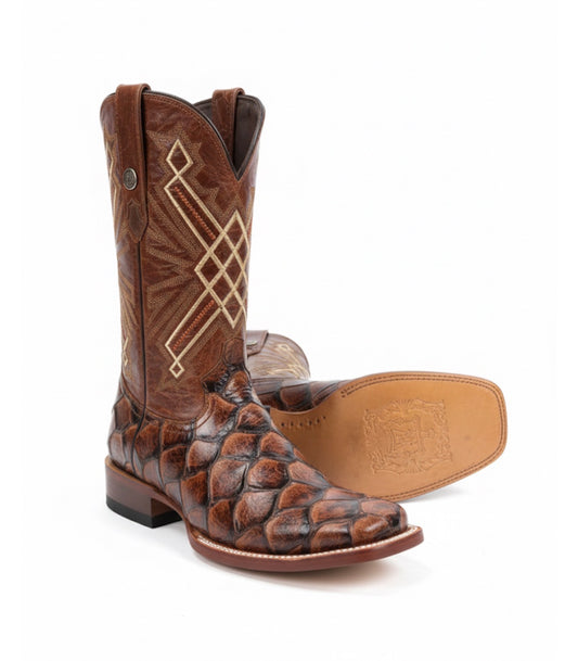 Men Wide Square Toe Cognac  Print Boots