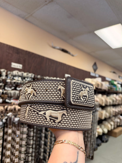 Men western belts piteado Brown and beige